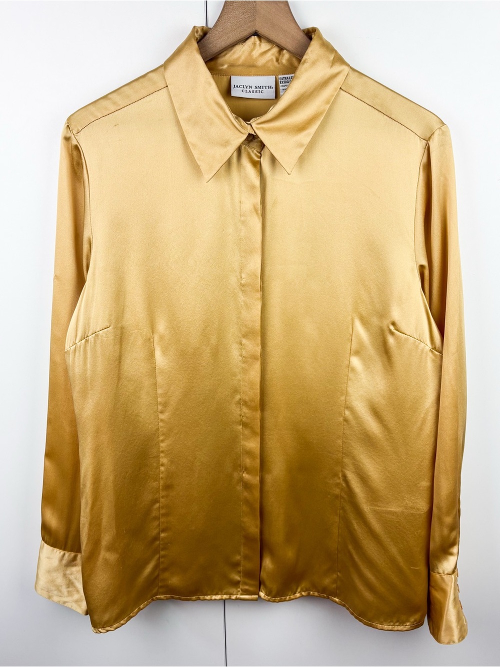 Vintage 100% Silk Gold Button Down Long Sleeve Blouse Shirt Top XL Jaclyn Smith